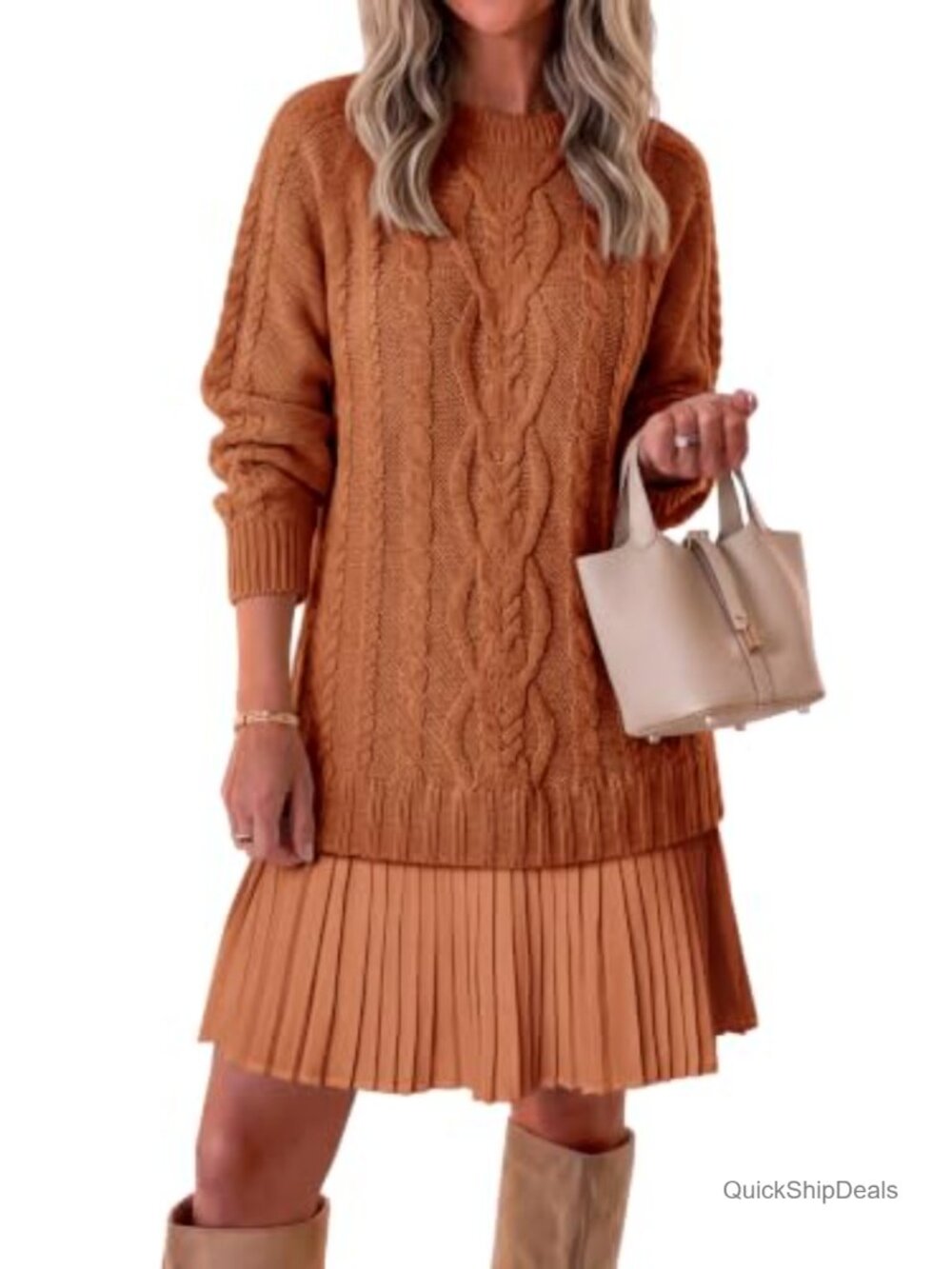Chunky Cable Knit Sweater Dress Patchwork Pleated Mini